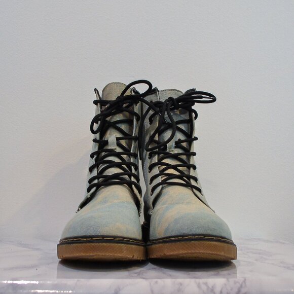 LADY GODIVA | LIGHT DENIM BLEACHED COMBAT BOOTS - Picture 2 of 6